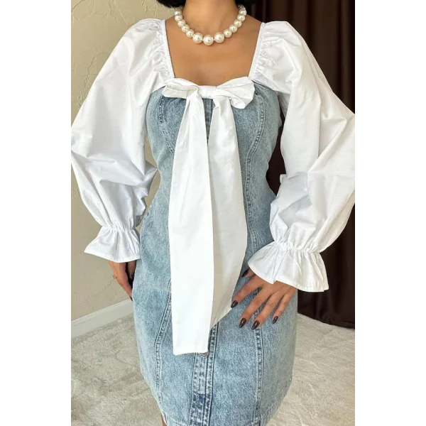 Mavi Önü Fiyoklu Kot Elbise