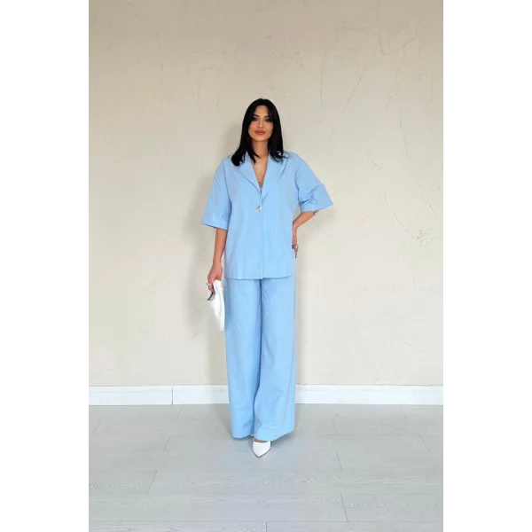 Mavi Önü Tek Düğmeli Ceket Pantolon Takım