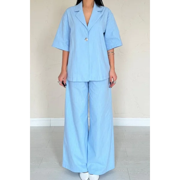 Mavi Önü Tek Düğmeli Ceket Pantolon Takım