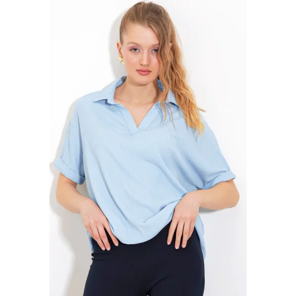 Mavi Oversize Polo Yaka Örme Bluz 0486