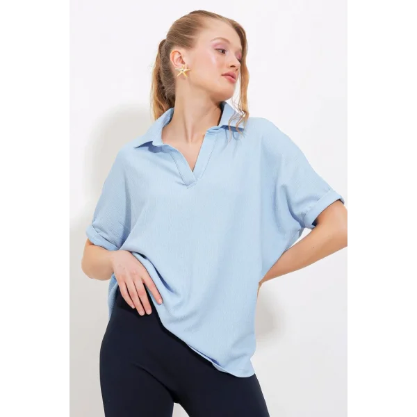 Mavi Oversize Polo Yaka Örme Bluz 0486