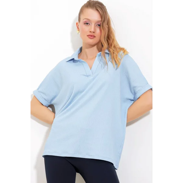 Mavi Oversize Polo Yaka Örme Bluz 0486