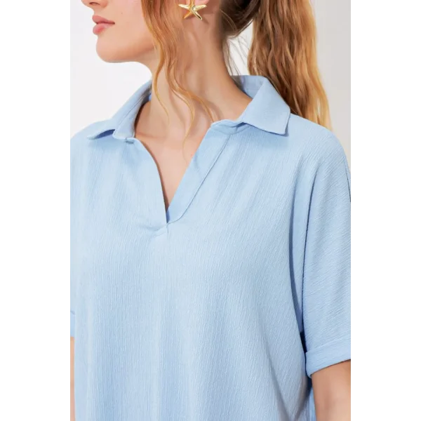 Mavi Oversize Polo Yaka Örme Bluz 0486