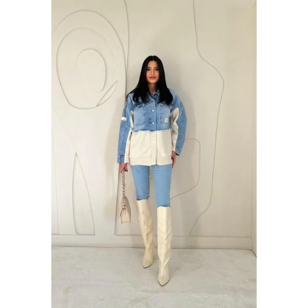 Mavi Triko Garnili Kot Ceket