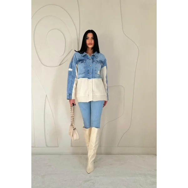 Mavi Triko Garnili Kot Ceket