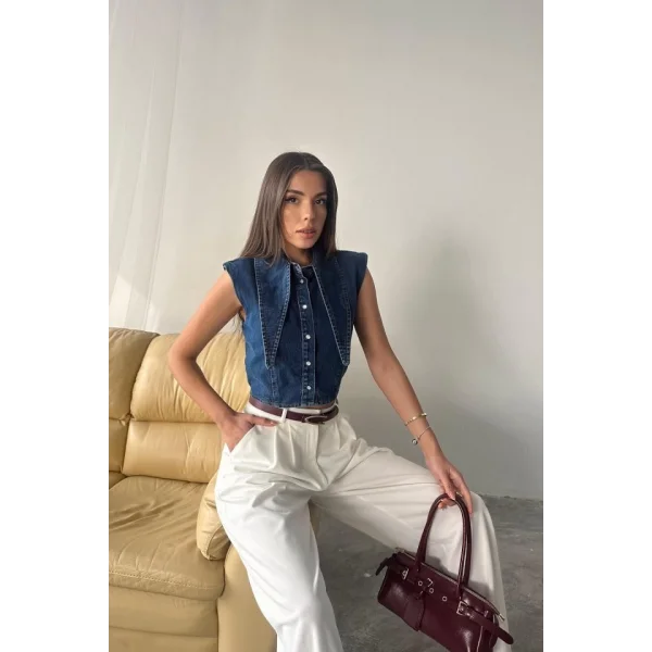 Mavi Yaka Detaylı Denim Crop