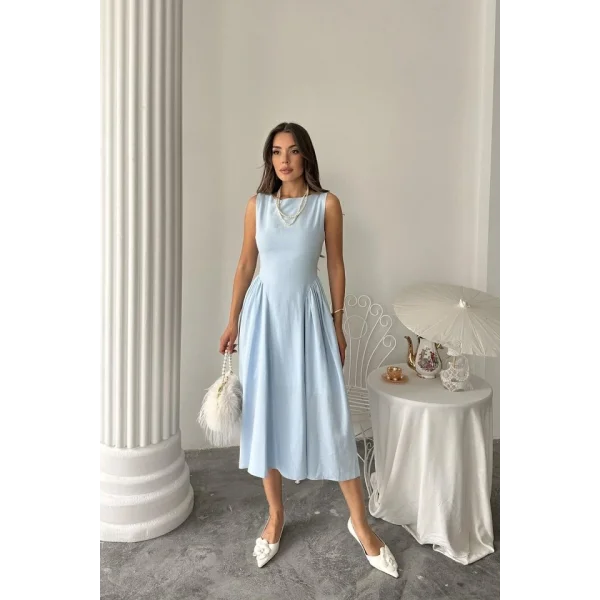 Mavi Yanları Büzgülü Midi Boy Keten Elbise