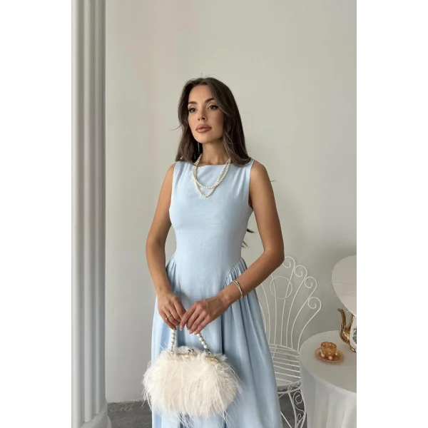 Mavi Yanları Büzgülü Midi Boy Keten Elbise