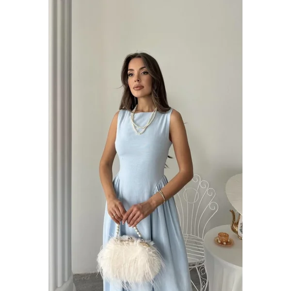 Mavi Yanları Büzgülü Midi Boy Keten Elbise