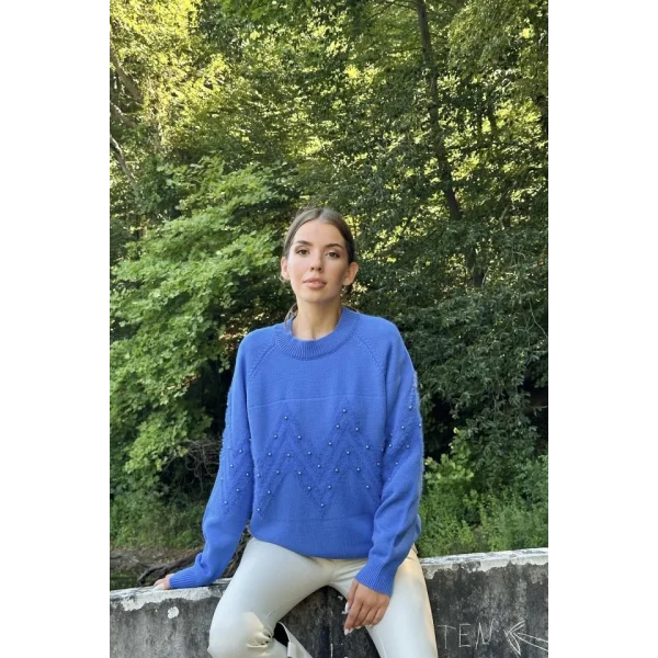 Mavi Zikzak Boncuklu Triko Kazak