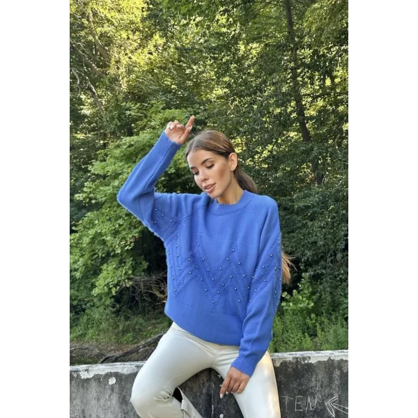 Mavi Zikzak Boncuklu Triko Kazak