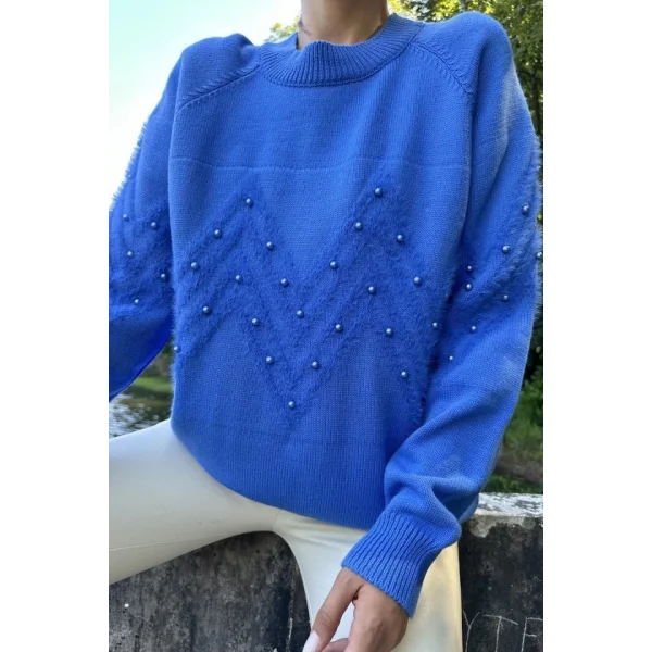 Mavi Zikzak Boncuklu Triko Kazak