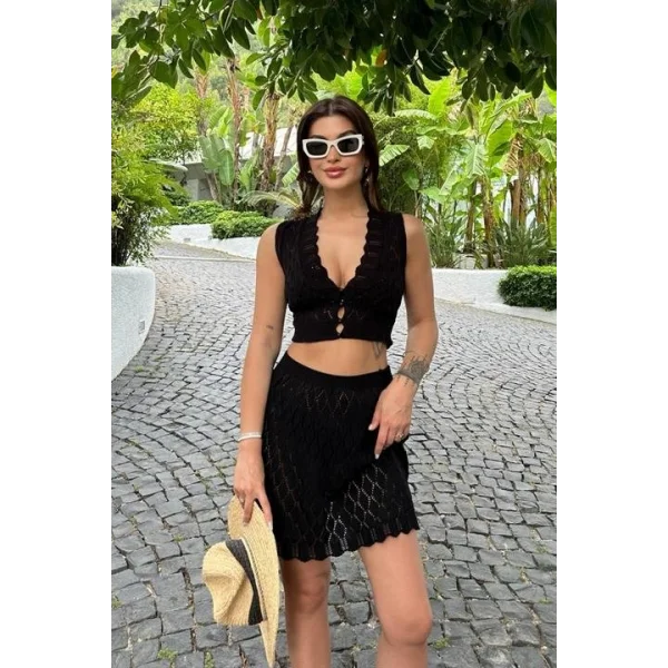 Melua Kroşe Crop Yelek Takım 9858