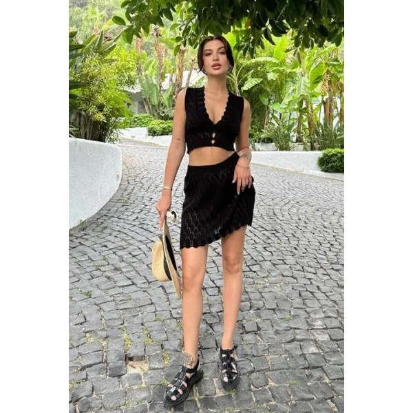 Melua Kroşe Crop Yelek Takım 9858