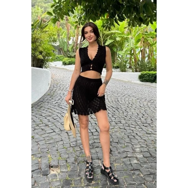 Melua Kroşe Crop Yelek Takım 9858