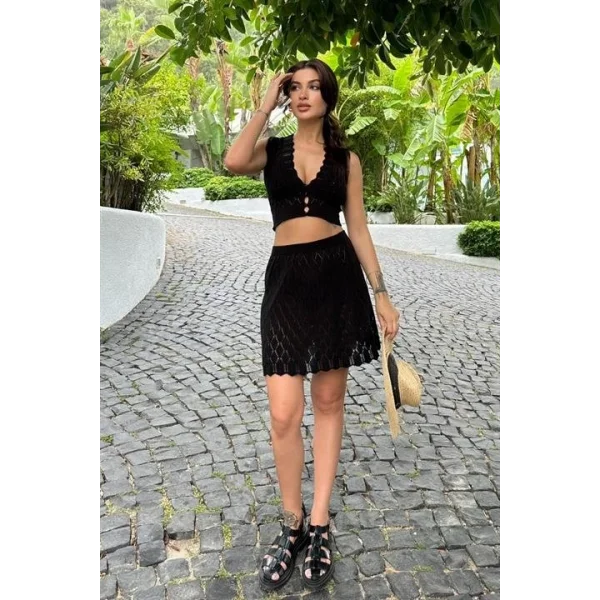 Melua Kroşe Crop Yelek Takım 9858