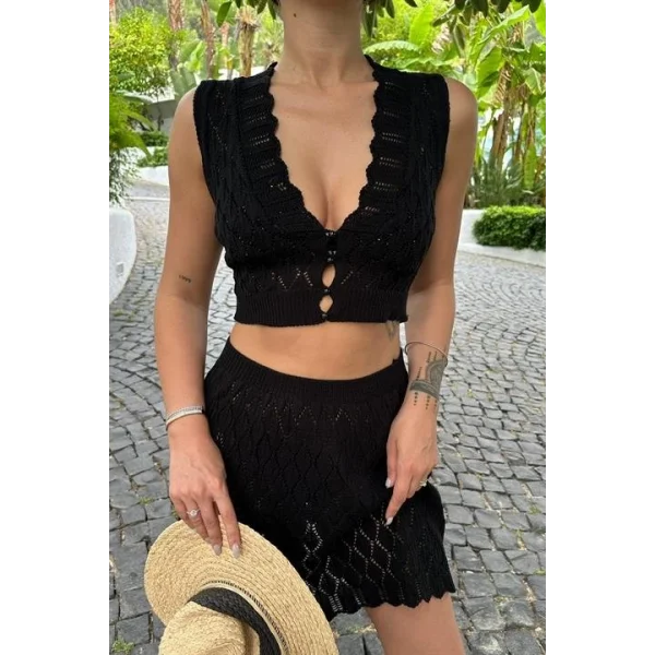 Melua Kroşe Crop Yelek Takım 9858