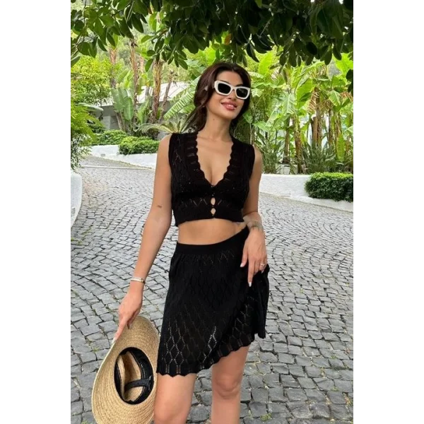 Melua Kroşe Crop Yelek Takım 9858