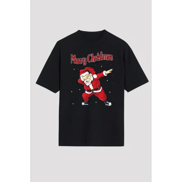 Merry Christmas Baskılı Noel Babalı T-shirt - Siyah