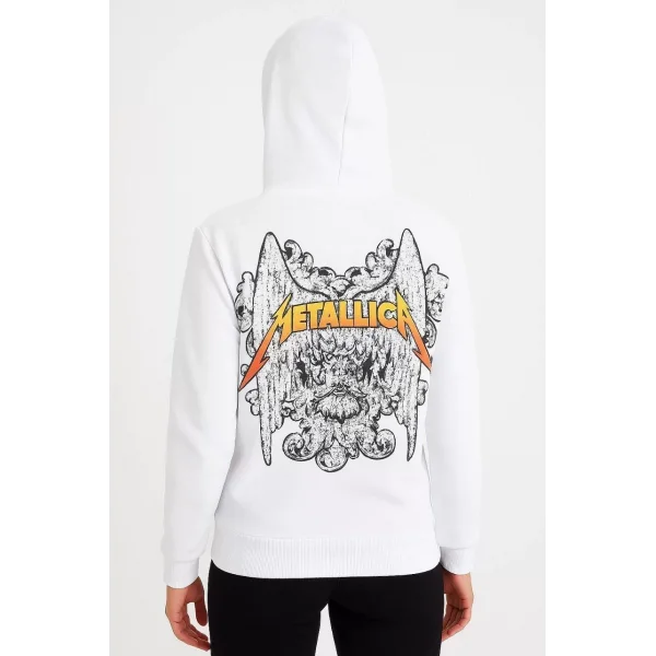 Metallica İki İplik Kapüşonlu Ön ve Arka Baskılı hoodie - Beyaz