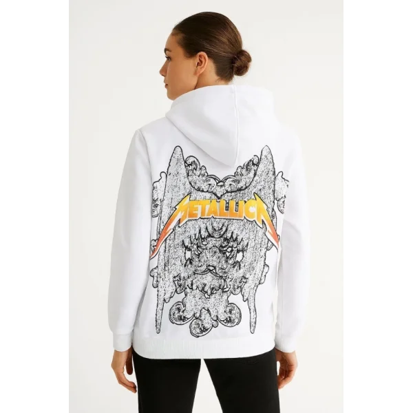 Metallica İki İplik Kapüşonlu Ön Ve Arka Baskılı Hoodie - Beyaz