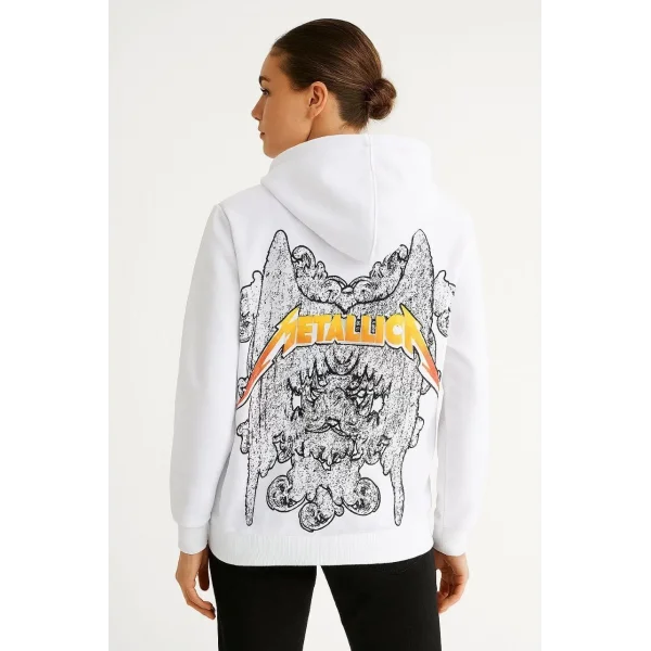Metallica İki İplik Kapüşonlu Ön ve Arka Baskılı hoodie - Beyaz