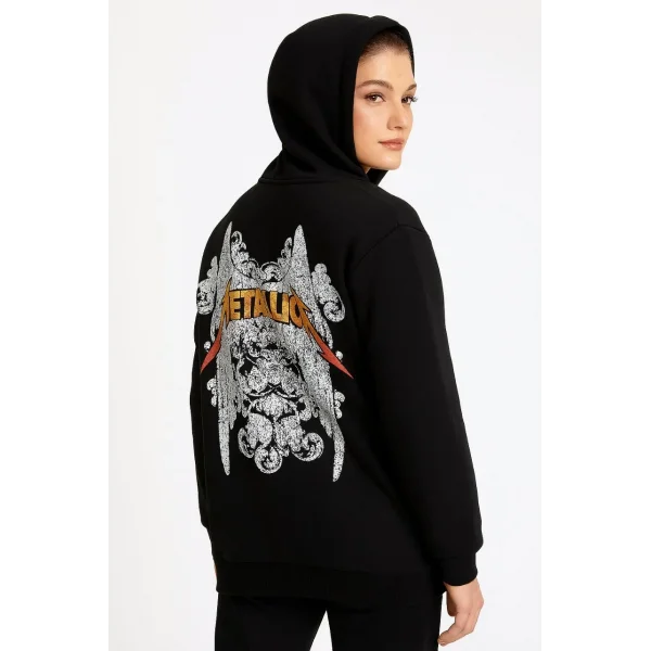 Metallica İki İplik Kapüşonlu Ön ve Arka Baskılı hoodie - Siyah