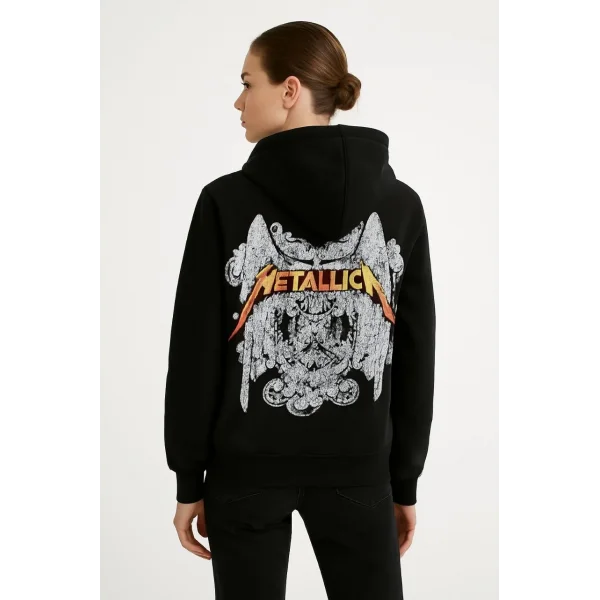 Metallica İki İplik Kapüşonlu Ön ve Arka Baskılı hoodie - Siyah