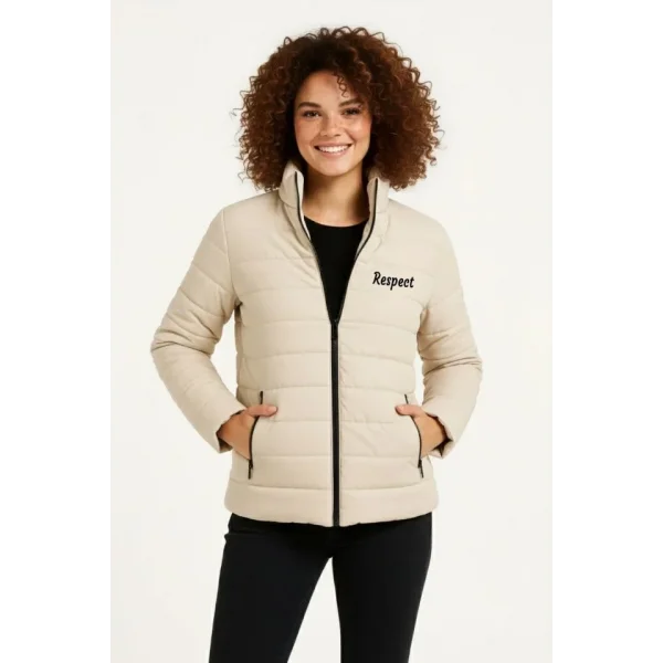 Mikro Su İtici Kapitone Baskılı Astarlı Fermuarlı Bomber Mont - Bej