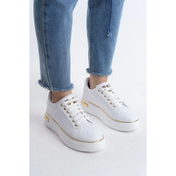 MINA Bağcıklı Ortopedik Taban Kadın Sneaker Spor Ayakkabı  CBT - Beyaz/Altın