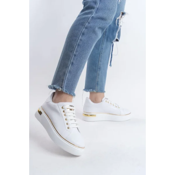 MINA Bağcıklı Ortopedik Taban Kadın Sneaker Spor Ayakkabı  CBT - Beyaz/Altın