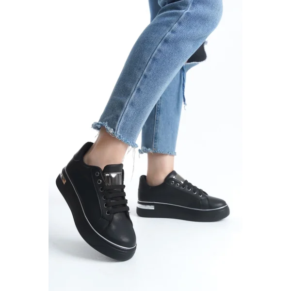 MINA Bağcıklı Ortopedik Taban Kadın Sneaker Spor Ayakkabı  CST - Siyah/Gümüş