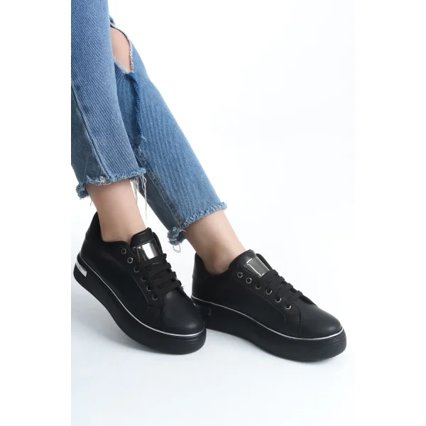 MINA Bağcıklı Ortopedik Taban Kadın Sneaker Spor Ayakkabı  CST - Siyah/Gümüş
