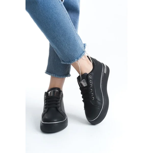 MINA Bağcıklı Ortopedik Taban Kadın Sneaker Spor Ayakkabı  CST - Siyah/Gümüş