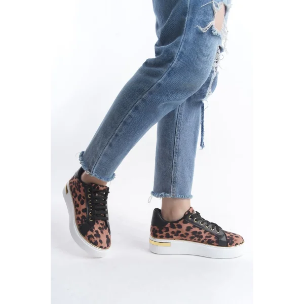 MINA Bağcıklı Ortopedik Taban Leopar Desenli Kadın Sneaker Spor Ayakkabı  TBT - Kahverengi
