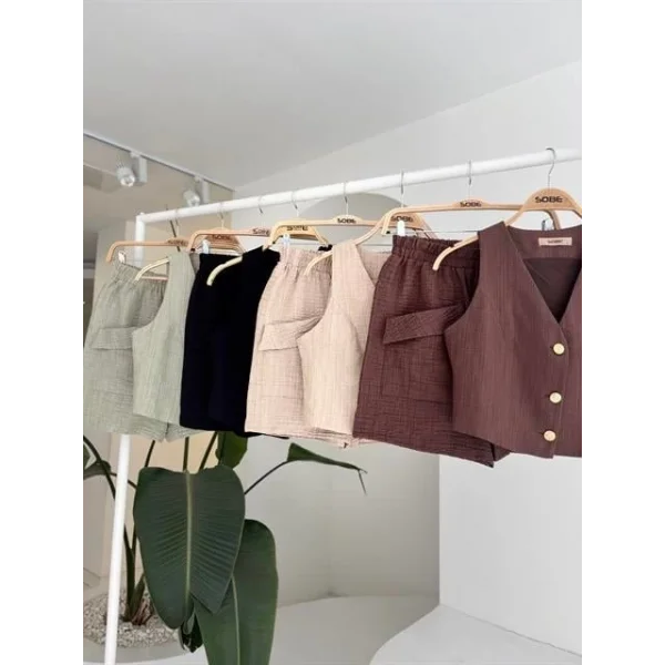 Mini Yelekli Şortlu Keten Takım 10176-08