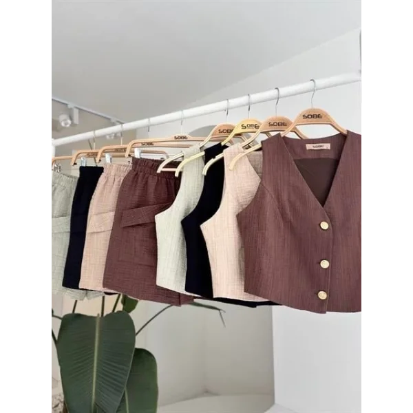 Mini Yelekli Şortlu Keten Takım 10176-08