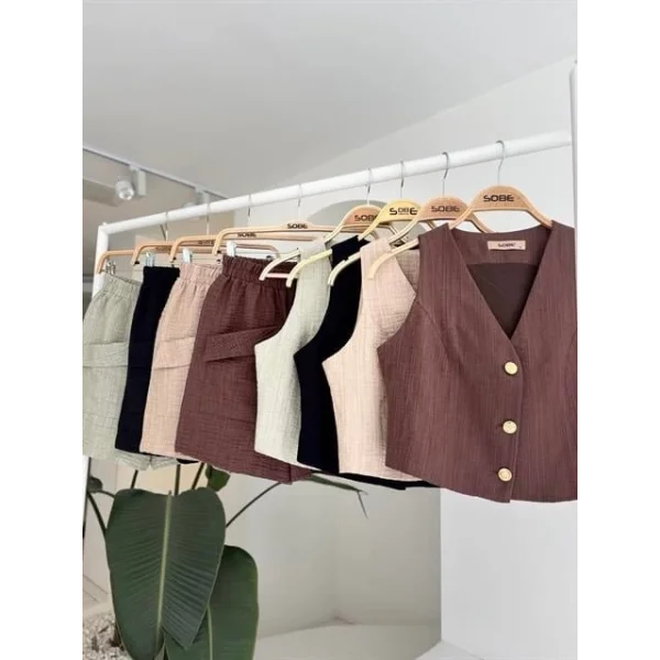 Mini Yelekli Şortlu Keten Takım 10176-08