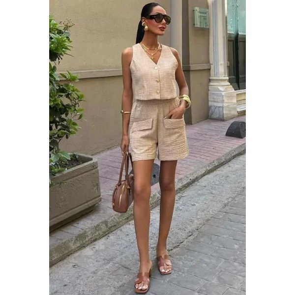 Mini Yelekli Şortlu Keten Takım 10176-08