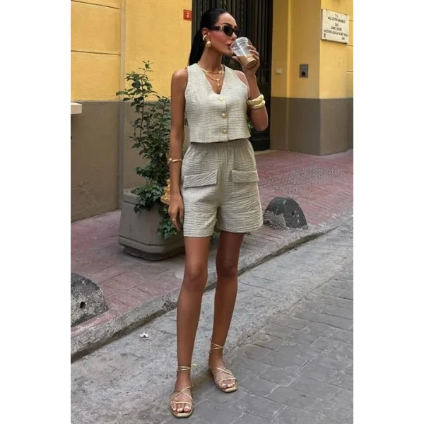 Mini Yelekli Şortlu Keten Takım 10176-08