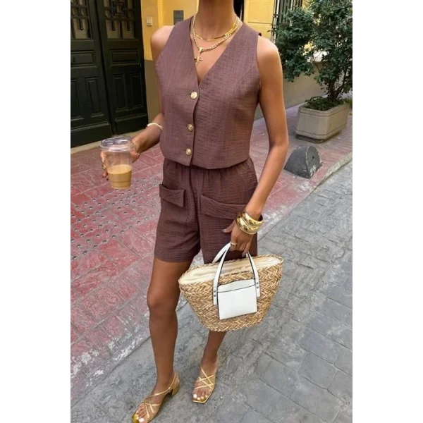 Mini Yelekli Şortlu Keten Takım 10176-08