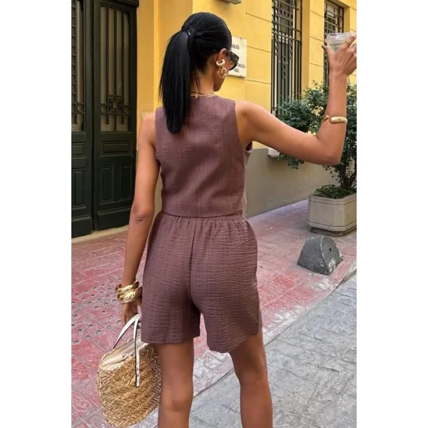 Mini Yelekli Şortlu Keten Takım 10176-08