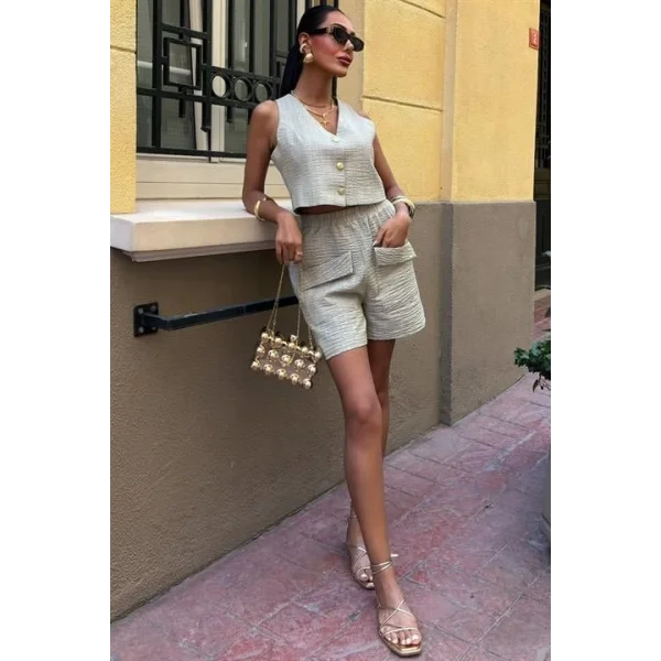 Mini Yelekli Şortlu Keten Takım 10176-08