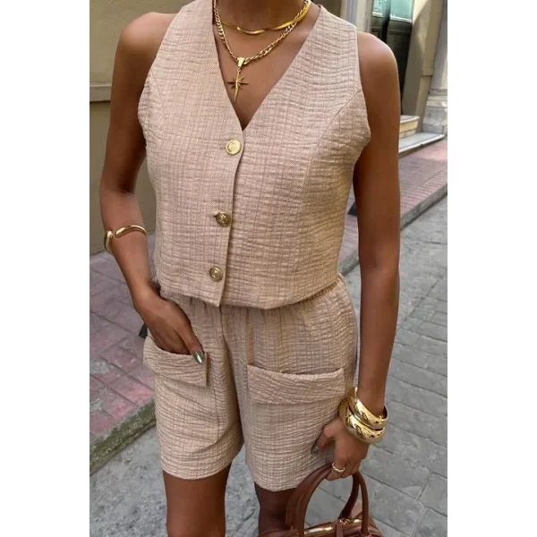 Mini Yelekli Şortlu Keten Takım 10176-08