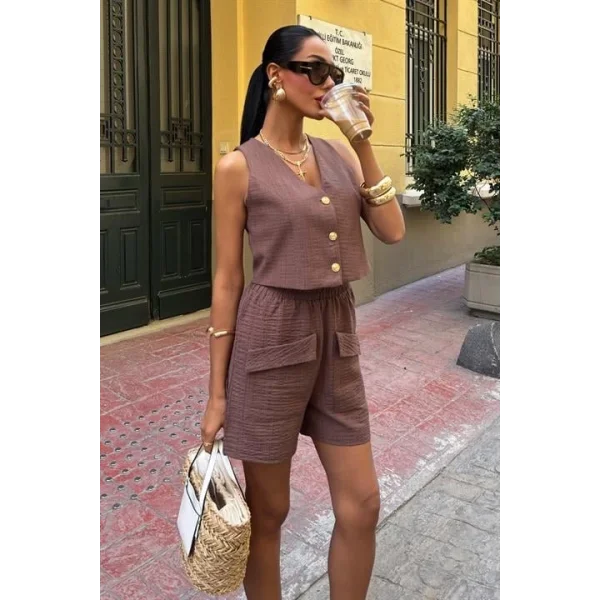 Mini Yelekli Şortlu Keten Takım 10176-08