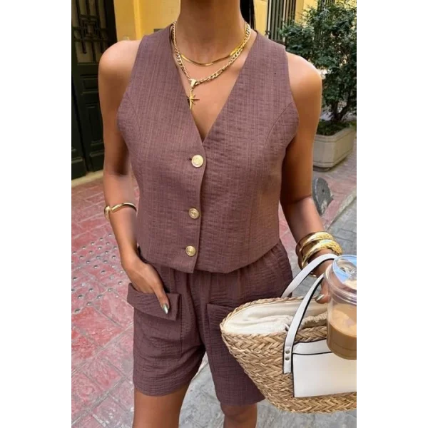 Mini Yelekli Şortlu Keten Takım 10176-08