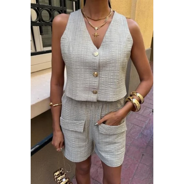 Mini Yelekli Şortlu Keten Takım 10176-08