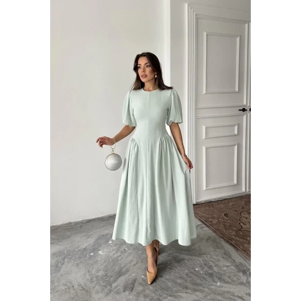 Mint Arkadan Bağlamalı Büzgülü Keten Elbise