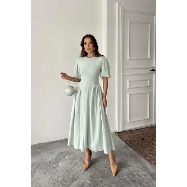 Mint Arkadan Bağlamalı Büzgülü Keten Elbise