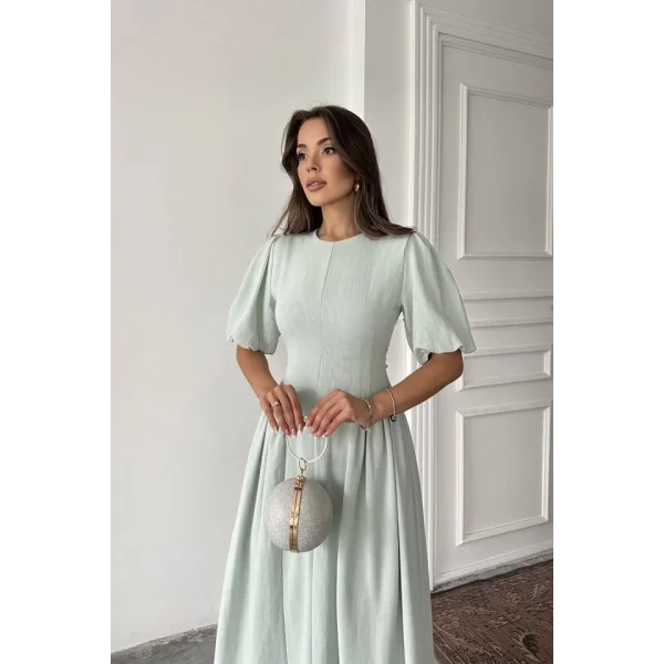Mint Arkadan Bağlamalı Büzgülü Keten Elbise